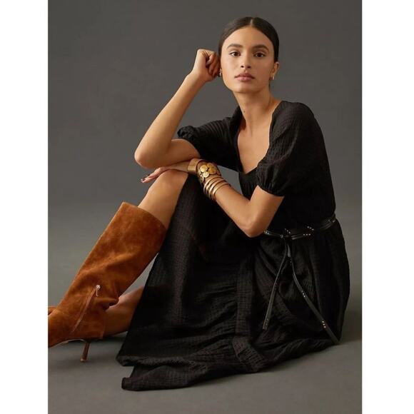 Anthropologie Women’s Tiered Puff Sleeve Square Neck Black Maxi Prairie Dress S - Picture 12 of 12